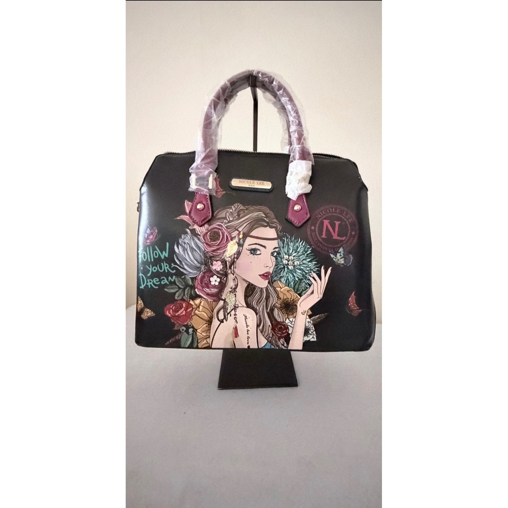 Nicole Lee Follow Your Dream Floral Boho Girl Satchel Handbag Black Brand New